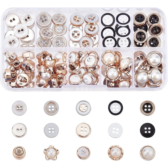 100pcs Round Sewing Buttons 10 Style Faux Pearl Button 2 Hole Rhinestone Crafts Button Brooch Buttons for Clothing Dress Supplies Wedding Decorations DIY Crafts Colorful