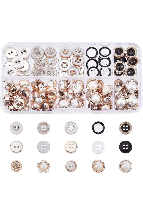 100pcs Round Sewing Buttons 10 Style Pearl Button 2 Hole Rhinestone Crafts Button Brooch Buttons for Clothing Dress Supplies Wedding Decorations DIY Crafts diy