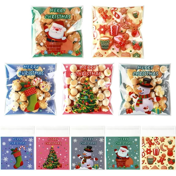 100pcs Self Adhesive Christmas Gift Cellophane Bags, Plastic Xmas Cookie Candy Biscuit Bag Goodie Snack Present DIY Ziplock Bag Bulk for Christma s Holiday Party Favors Supplies