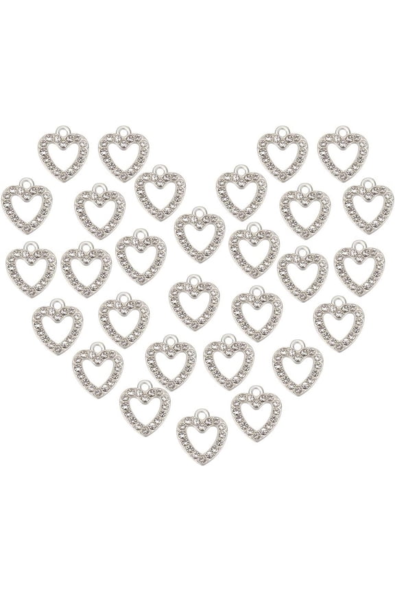 100pcs Silver Heart Pendants Alloy Rhinestone Heart Charms