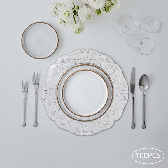 100pcs Silver PP 32.5cm European Retro Pattern Plate Abrasion Resistant Stackable Decorative Western Dish