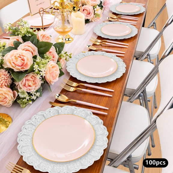 100pcs Silver Plastic 33cm European-Style Embossed Western Dim Sum Plate Dinner Plate Commercial Plate