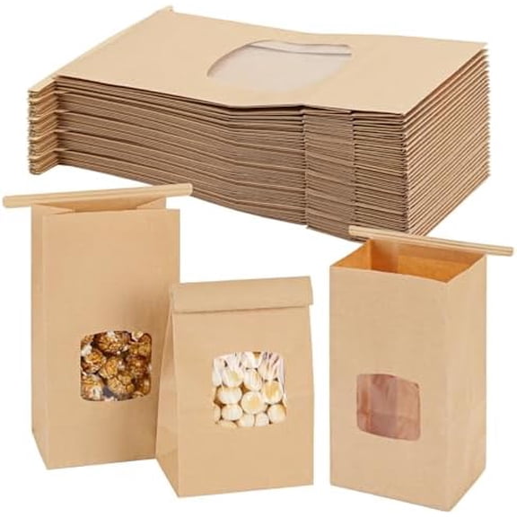100pcs Small Bakery Cookie Bags with Window, Brown Kraft Paper Bags for Homemade Bread Cookie, 3.5x2.2x6.7in Tin Tie Tab