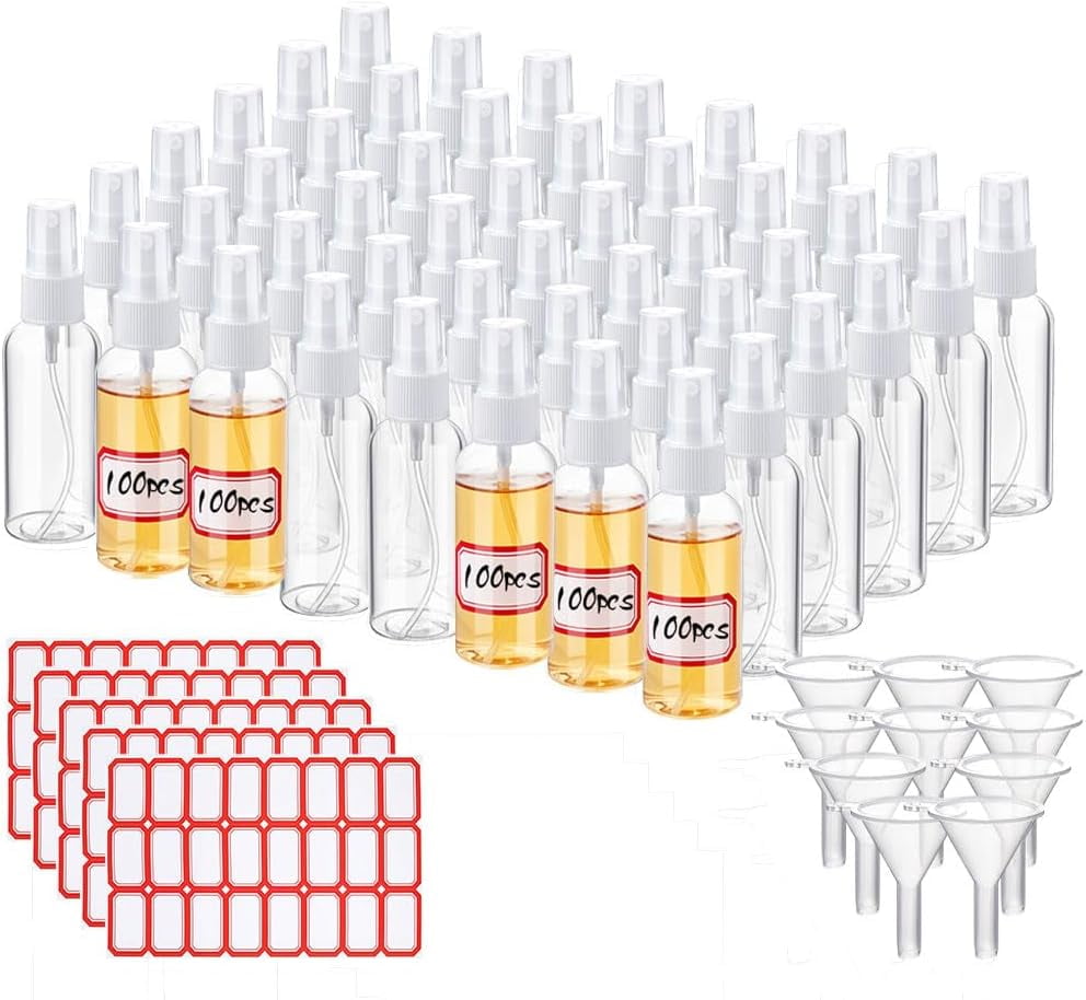 100pcs Small Spray Bottles 2oz/60ml Plastic Empty Spray Bottle Transparent Refillable Travel Bottle with 10pcs Small Funnel and 120pcs Bottles Labels