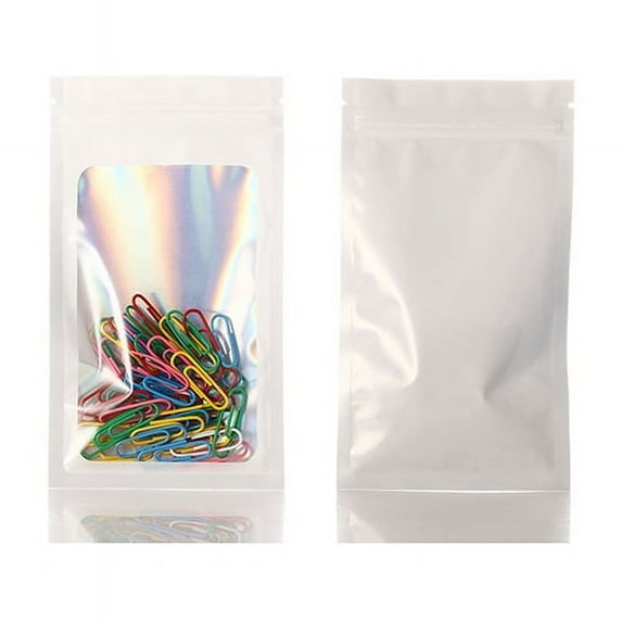 100pcs Smell Proof Mylar Bags Resealable Odor Proof Bags Holographic Packaging Pouch Bag Food Jewelry Laser Zip Lock Bag (White,100pcs Without logo,6x10cm)