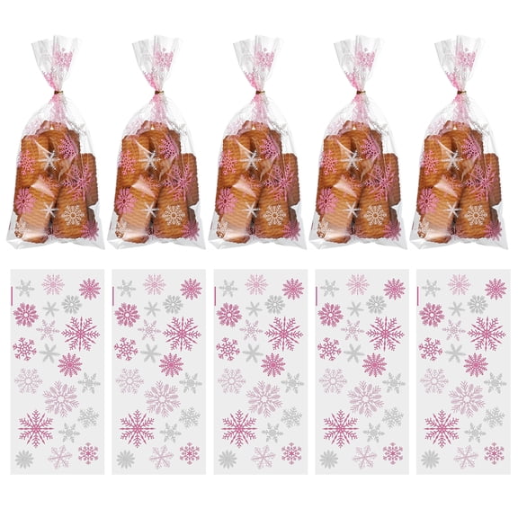 100pcs Snowflake Treat Bags, Cookie Bags with Twist Ties Candy Package Bags for Christmas Winter Party Favors, Pink