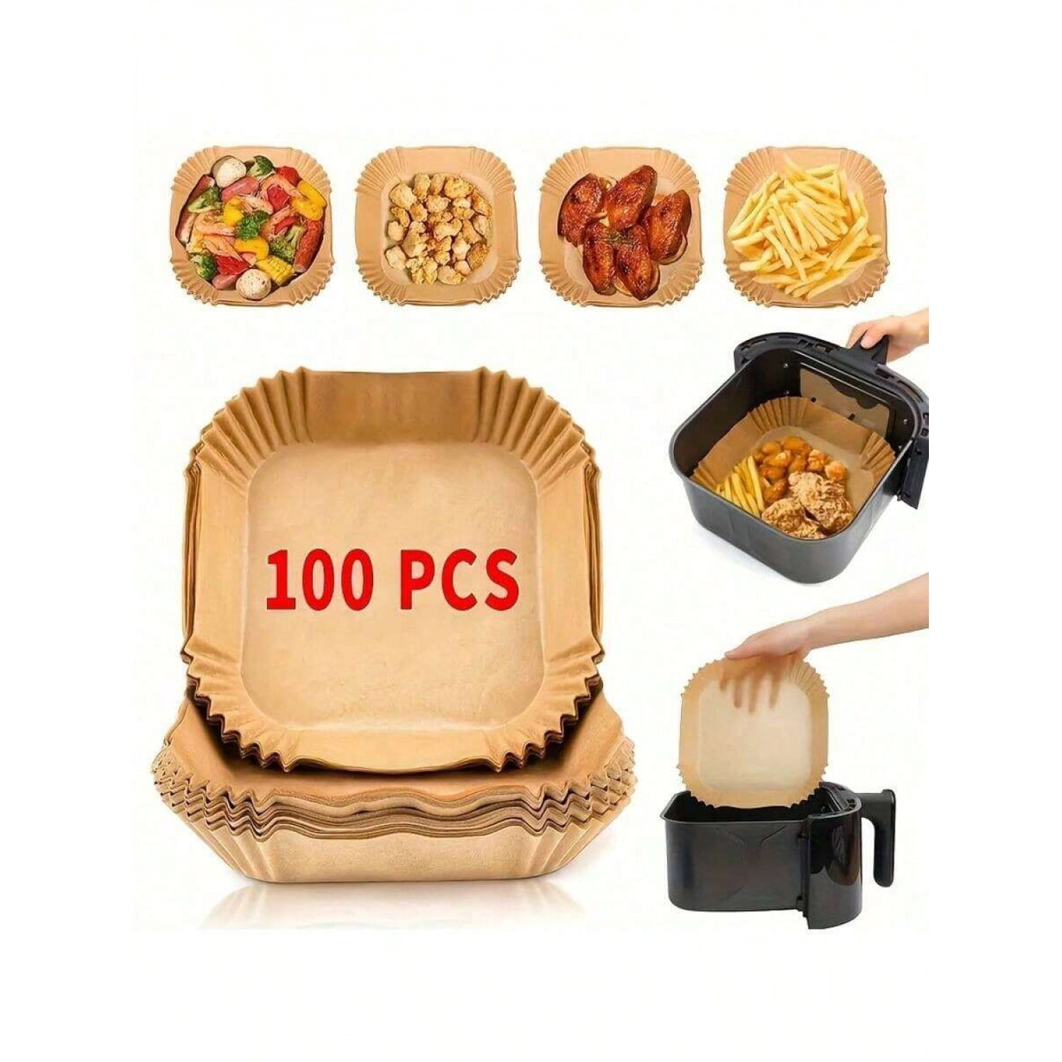 100pcs, Square Disposable Air Fryer Liners (6.3in/8in), Paper Air Fryer Liner Pots, Paper Basket Bowls, Baking Trays, Oven Accessories, Baking Tools