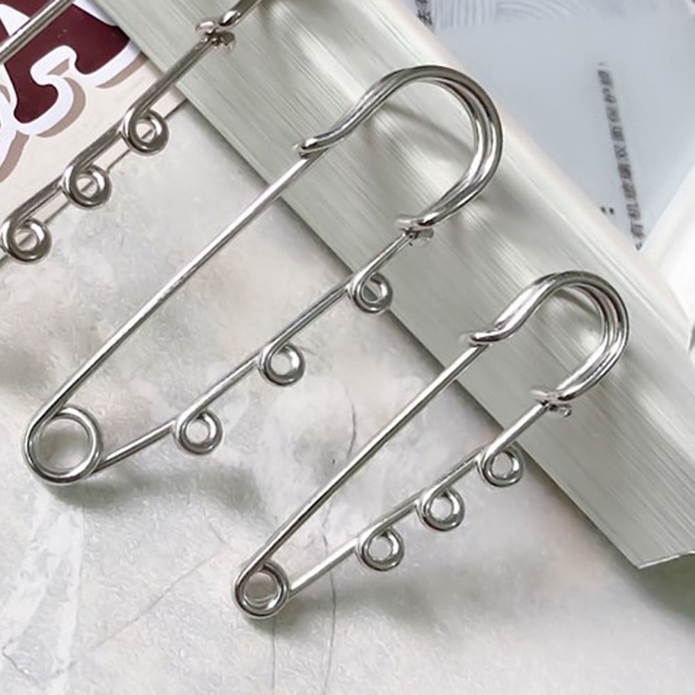 100pcs Stainless Steel Safety Pins with 3 Loop Stainless Steel color 64x14.6x1.5mm