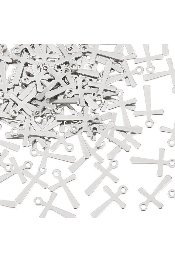 100pcs Stainless Steel Tiny Cross Charms Pendant Mini Metal Cross Charm Beads DIY Craft Findings Accessory Making Stainless Steel Color