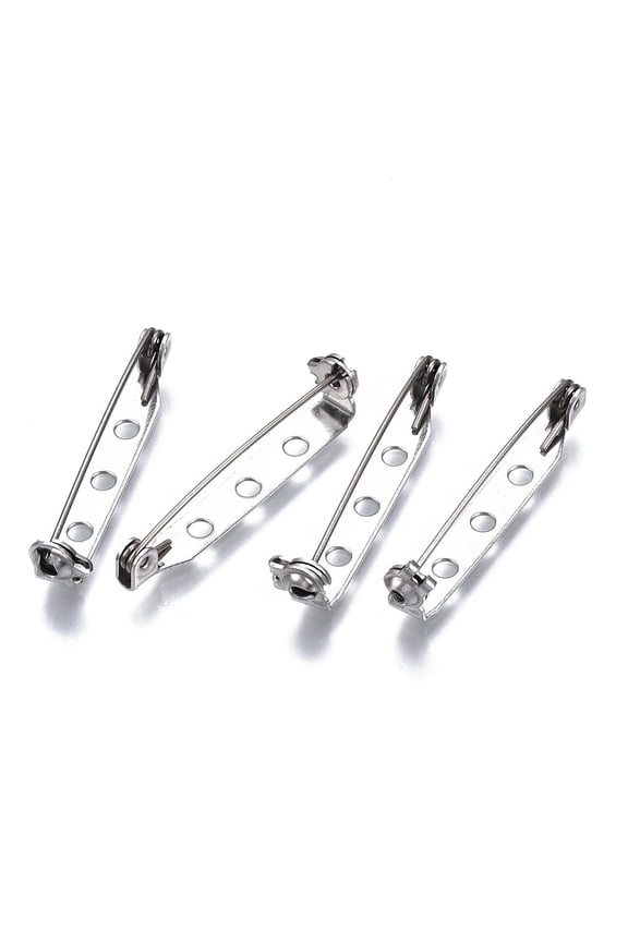100pcs Tarnish Resistant 201 Stainless Steel Brooch Pin Back Safety Catch Bar Pins with 2 Holes Stainless Steel color 33x4.5x6mm Hole: 2mm Pin: 0.5mm