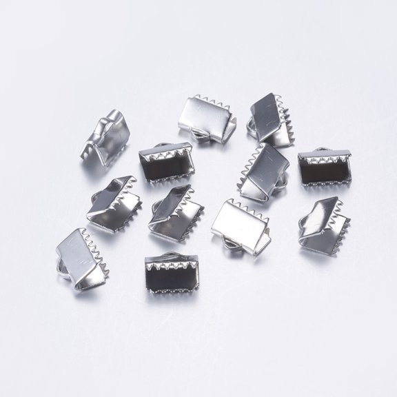 100pcs Tarnish Resistant 304 Stainless Steel Ribbon Crimp Ends Rectangle Stainless Steel color 7.5x9mm Hole: 1mm