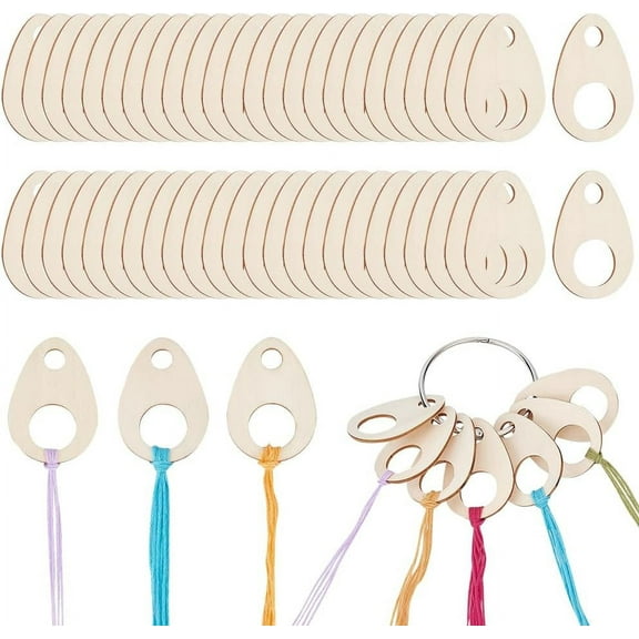 100pcs Teardrop Wood Thread Drops 1.9x1.3inch Wood Stitch Thread Organization with Floss Ring for Craft DIY Sewing Storage 2mm Thick Mixed Color