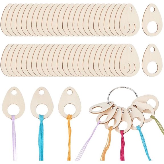 100pcs Teardrop Wood Thread Drops 1.9x1.3inch Wood Stitch Thread Organization with Floss Ring for Craft DIY Sewing Storage 2mm Thick
