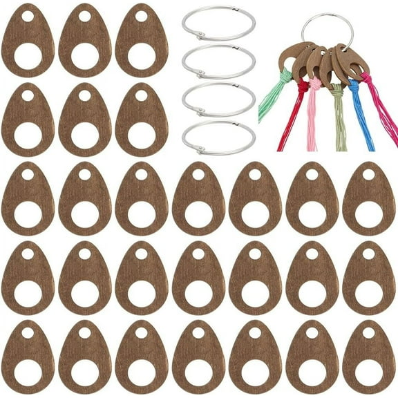 100pcs Teardrop Wood Thread Drops 2x1.3inch Wood Floss Bobbin Drops Stitch Thread Organization with Floss Ring for Craft DIY Sewing Storage 2mm ThickMixed Color