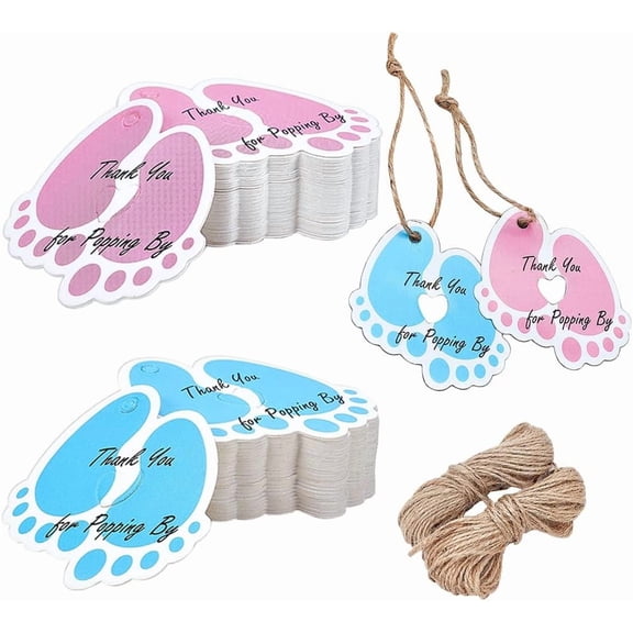 100pcs Thank You Paper Tags 2 Colors Baby Shower Tags Footprint Gift Tags with String Baby Feet Labels