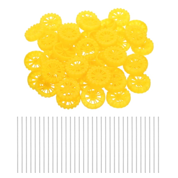 100pcs Toy Car Wheels, 40mmx10mm Plastic Roll and 2mmx100mm Shaft Round Rod Axles for DIY RC Car Truck Boat Helicopter Model Part, Yellow