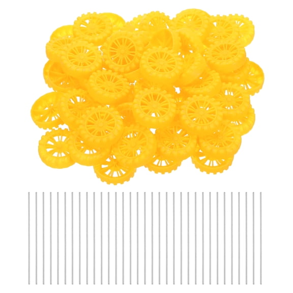 100pcs Toy Car Wheels, 45mmx12mm Plastic Roll and 2mmx100mm Shaft Round Rod Axles for DIY RC Car Truck Boat Helicopter Model Part, Yellow