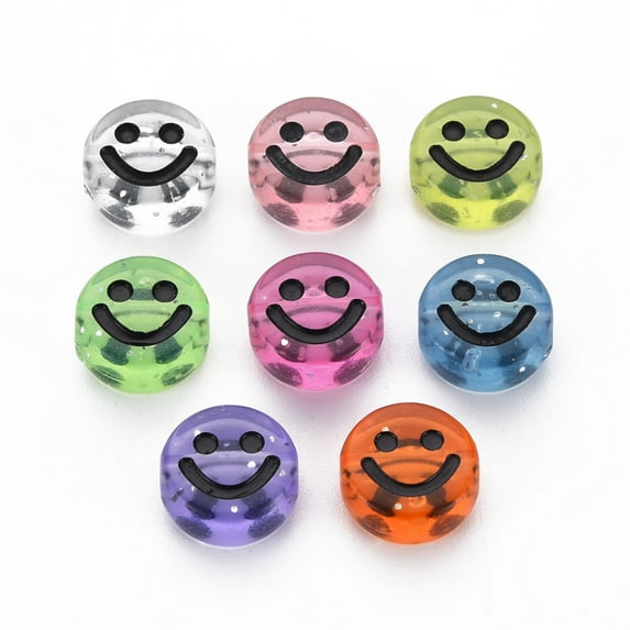 100pcs Transparent Acrylic Beads with Glitter Powder Flat Round with Black Enamel Smile Face Mixed color 10x5mm Hole: 2mm