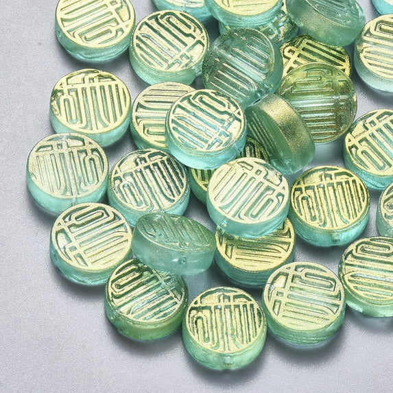 100pcs Transparent Spray Painted Glass Beads with Glitter Powder Flat Round Medium Aquamarine 12x4mm Hole: 1mm