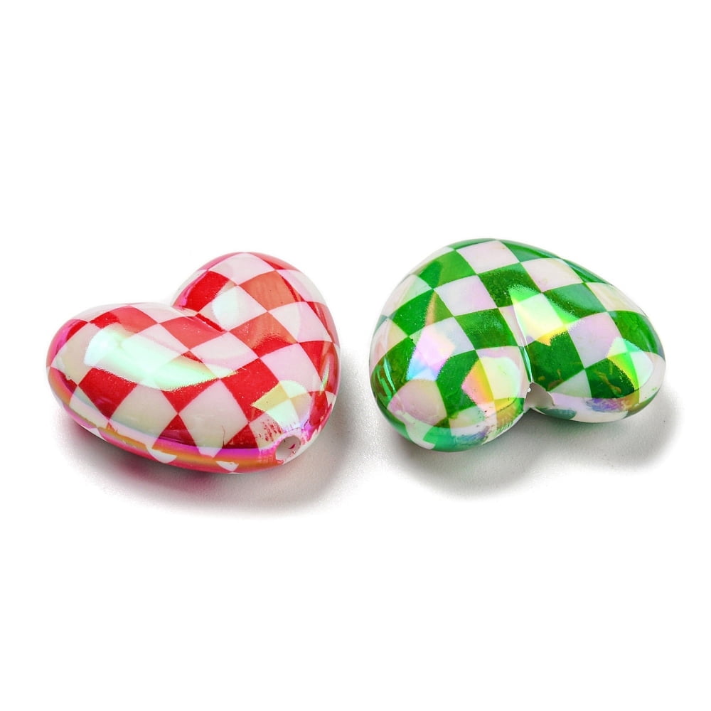 100pcs UV Plating Opaque Acrylic Beads Iridescent Plaid Heart Mixed color 21x25x9.5mm Hole: 2.2mm