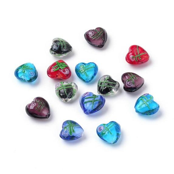 100pcs Valentine Gifts for Her Ideas Handmade Silver Foil Lampwork Beads Heart Mixed color 14~17x15~17mm Hole: 2mm