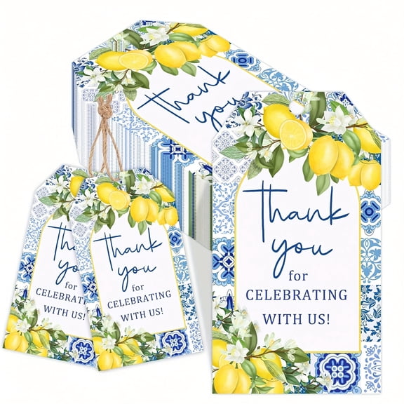 100pcs Vintage Lemon Thank You Hanging Tags with 2 Rolls Hemp Twine 10m Each Blue Tile Pattern for Wedding Favors Birthday Baby Shower Easter Gift Decor