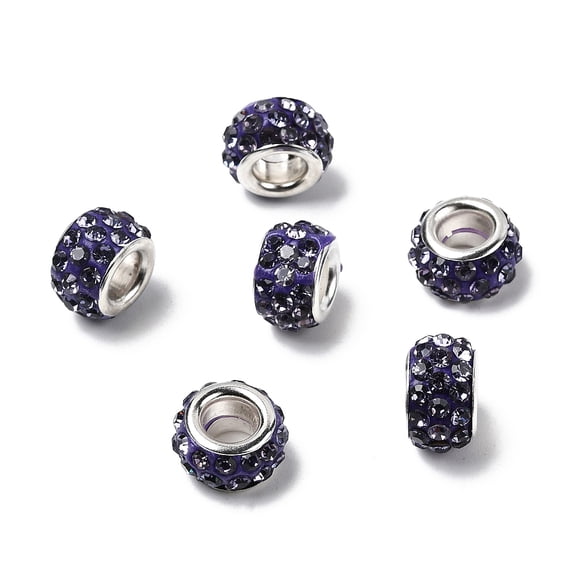 100pcs Violet Color Pave Clay Beads Rhinestone Large Hole European Charms Beads fit Bracelet Jewelry Making DIY