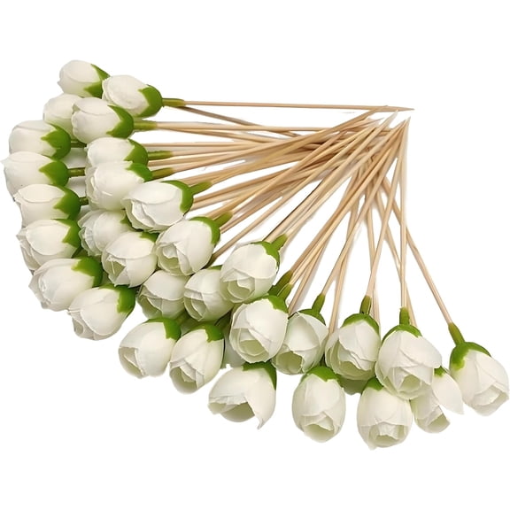 100pcs White Flower Bud Toothpicks, 4.7 Inch Fancy Sticks for Appetizers, Handmade Bamboo Appetizer Fruit Skewers Food Picks for Wedding Valentines Holiday Party Decoration