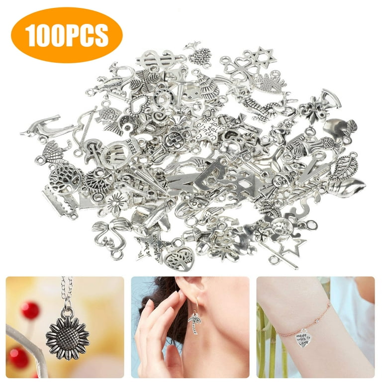 100Pcs Silver Charms for Jewelry Making Wholesale Bulk Tibetan Silver Charm  Pendants for DIY Necklace Bracelet Earring Craft Supplies