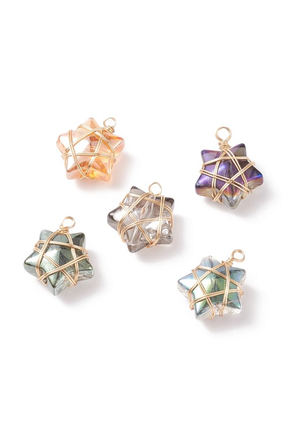 100pcs Wire Wrapped Electroplate Glass Charms Star Light Gold 15~16x13x7~7.5mm Hole: 1.5~2mm