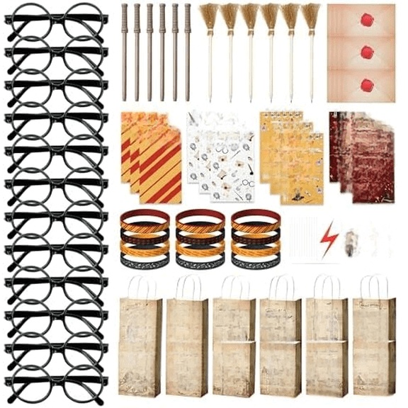 100pcs Wizard Party Favors, Birthday Party Supplies Including Wizard Glasses, Wand Pencils, Lightning Tattoos, Envelope card, Magic Birthday Decorations Gifts Classroom Rewards for Kids