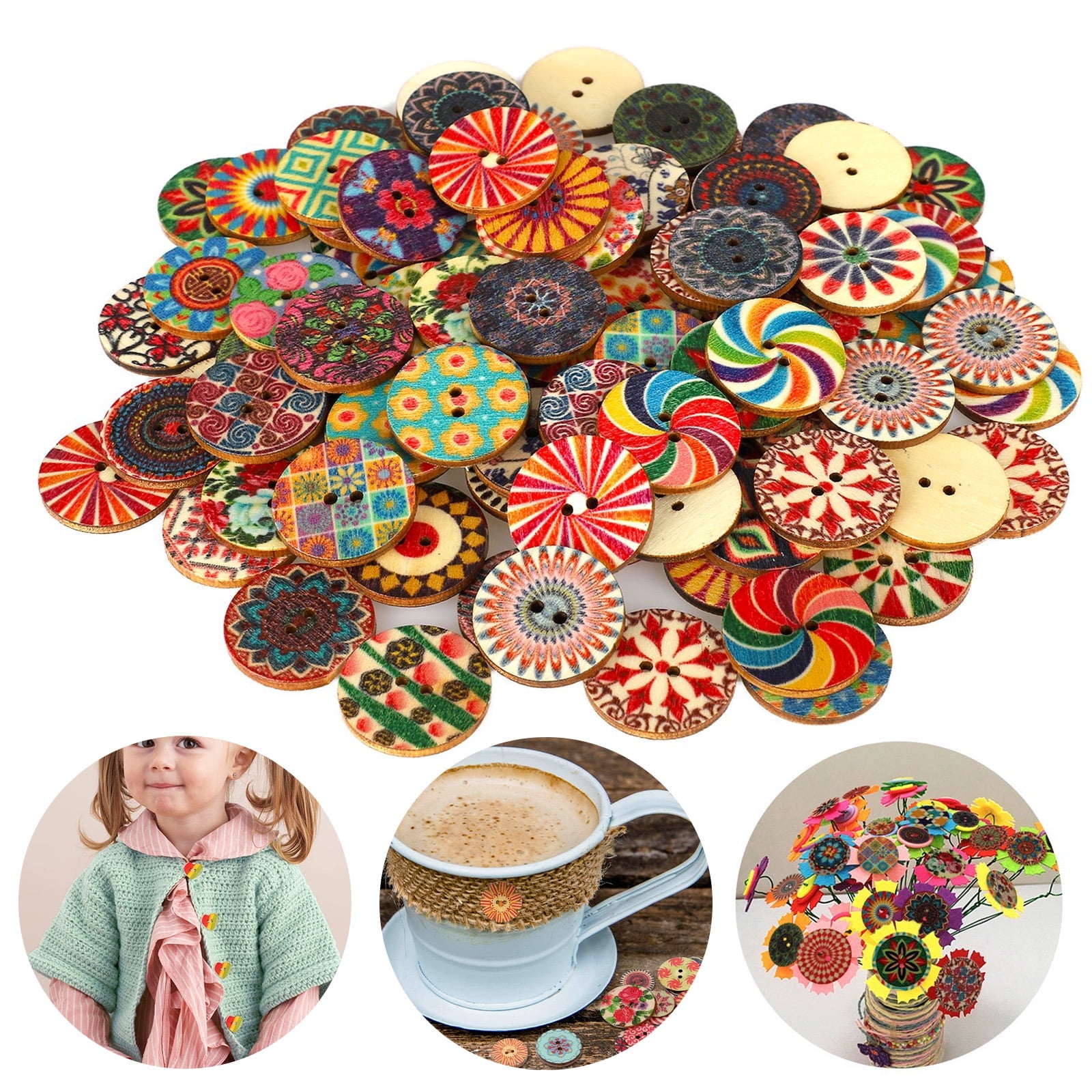 100pcs Wood Buttons, Vintage Flower Round Buttons for Craft, 2 Holes ...