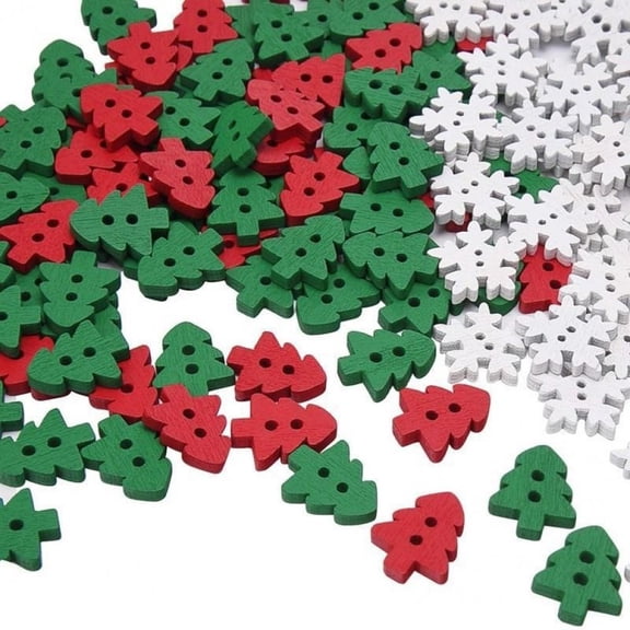 100pcs Wood Christmas Tree Snowflakes Buttons For DIY Winter Crafts Xmas Scrapbooking Embellishments Red Green White Mixed