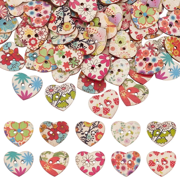 100pcs Wood Cute Buttons for Crafts 24mm 2-Hole Colorful Heart Flower Decorative Buttons for DIY Sewing Scrapbooking Clothes Repair DIY