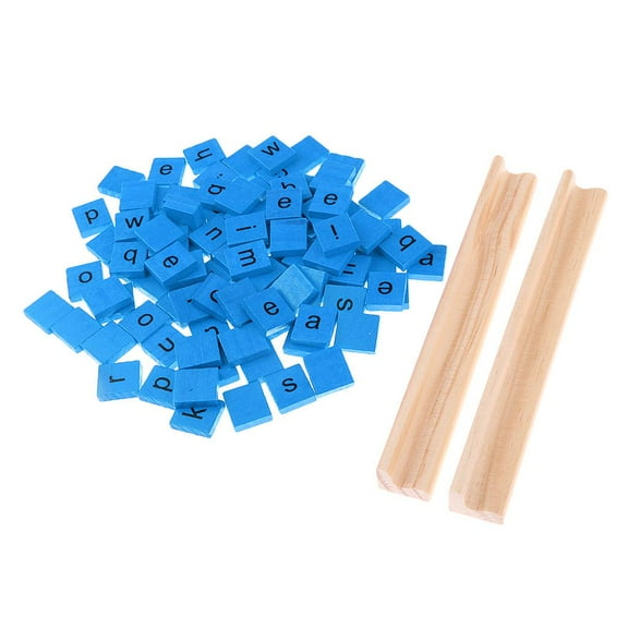 100pcs Wooden Alphabet Crafts Decorations Wood Slice With Letters And Wooden Racks For Kids Study, Display , Wedding Party DIY Blue