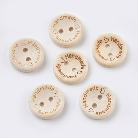 100pcs Wooden Buttons 2-Hole with Word Flat Round with Word Handmade Blanched Almond 15x3~3.5mm Hole: 2mm