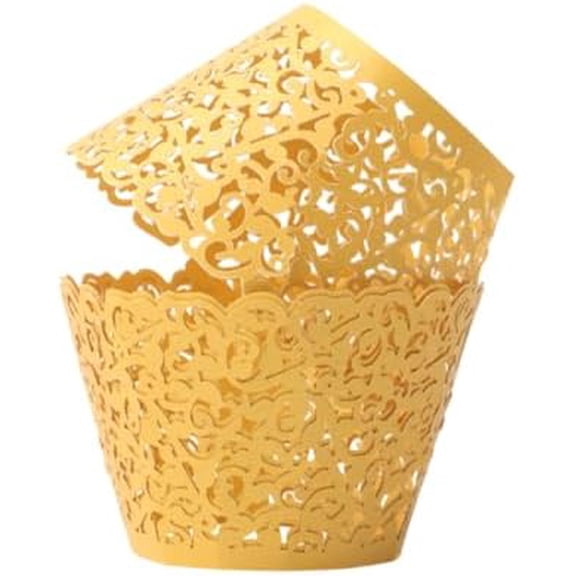 100pcs Yellow-Gold Cupcake Wrappers Artistic Bake Cake Paper Cups Little Vine Lace Laser Cut Liner Baking Cup Muffin Case Trays for Wedding Party Birthday Decoration (Gold)