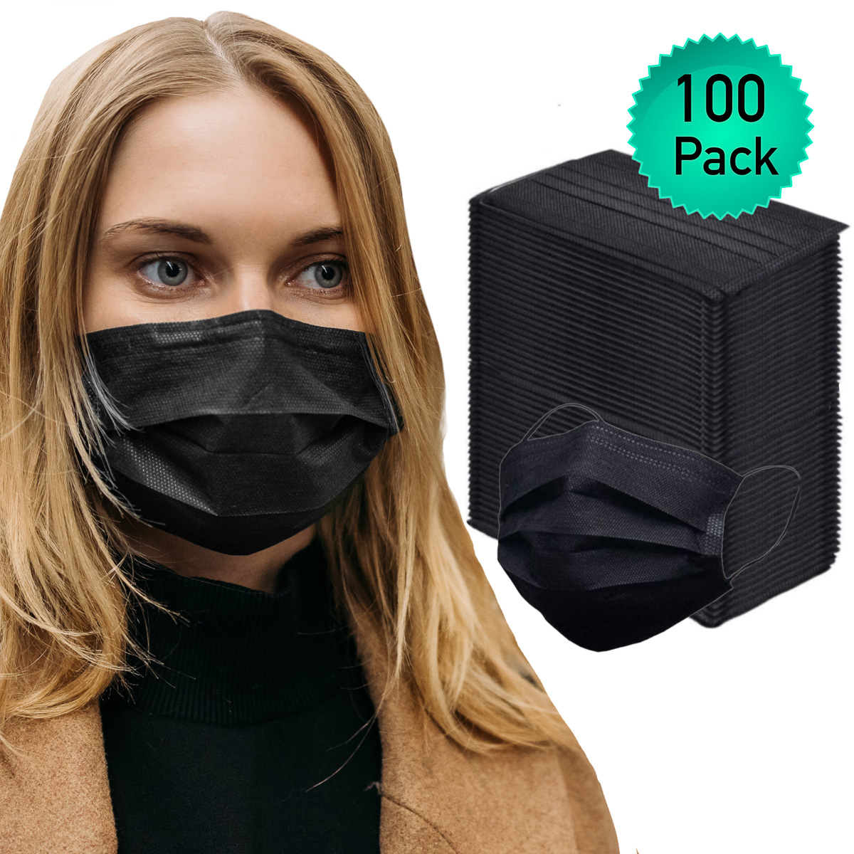 100pk Disposable Face Mask for Adults, 3 Layer Protective Ear Loop Mouth Cover - image 1 of 6