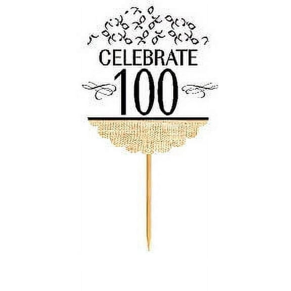 100th Birthday / Anniversary Novelty Burlap Cupcake Decoration Picks -12pack