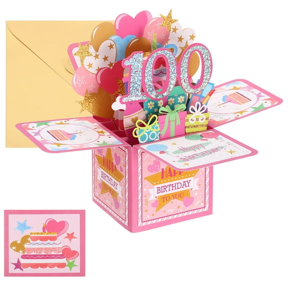 Uxcell 100th Birthday Card, Pop-Out Birthday Card with Greeting Card and Envelope for Women Girl Friends, Pink
