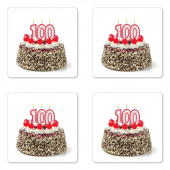 100th Birthday Coaster Set of 4, Photo of Pastry Party Cake with Candles and Sprinkles Image Celebration, Square Hardboard Gloss Coasters, Standard Size, Multicolor, by Ambesonne