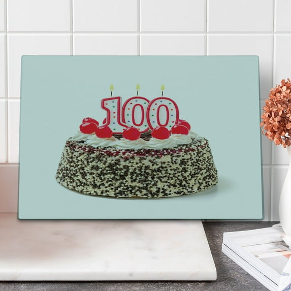 100th Birthday Cutting Board, Photo of Pastry Party Cake with Candles and Sprinkles Image Celebration, Decorative Tempered Glass Cutting and Serving Board, Large Size, Multicolor, by Ambesonne