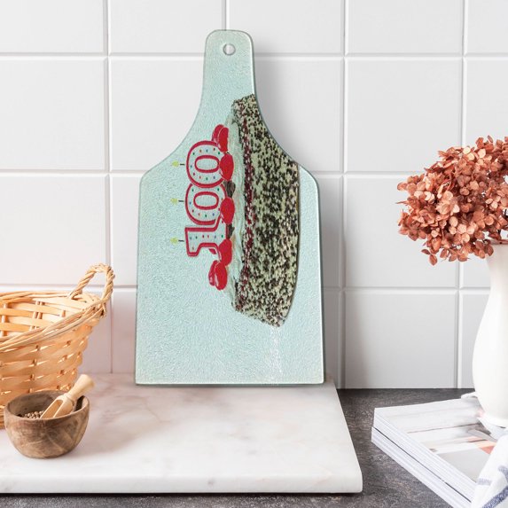 100th Birthday Cutting Board, Photo of Pastry Party Cake with Candles and Sprinkles Image Celebration, Decorative Tempered Glass Cutting and Serving Board, Wine Bottle Shape, Multicolor, by Ambesonne