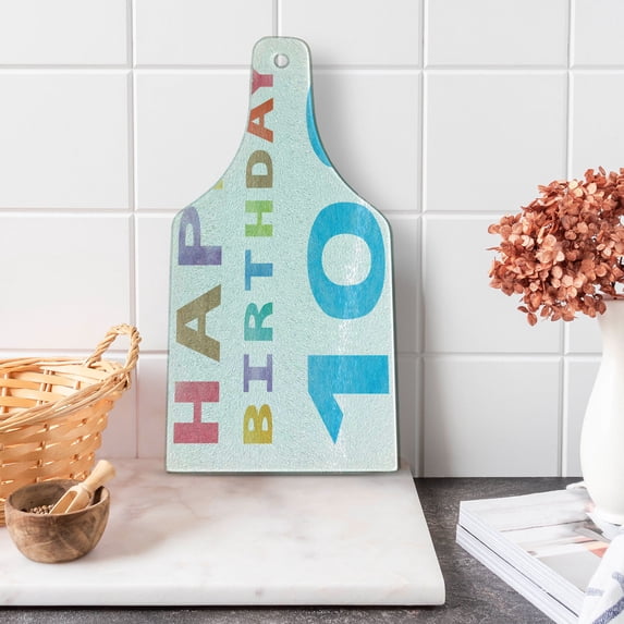 100th Birthday Cutting Board, Very Old Grandparents Birthday Worn Abstract and Vintage Wish Party Image, Tempered Glass Cutting and Serving Board, Wine Bottle Shape, Multicolor, by Ambesonne