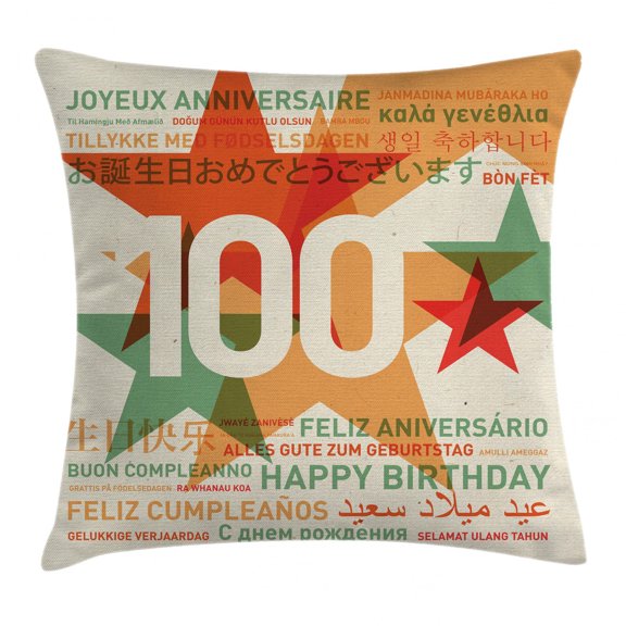 100th Birthday Decorations Throw Pillow Cushion Cover, Birthday in World Languages on Abstract Backdrop, Decorative Square Accent Pillow Case, 24 X 24 Inches, Light Green and Vermilion, by Ambesonne