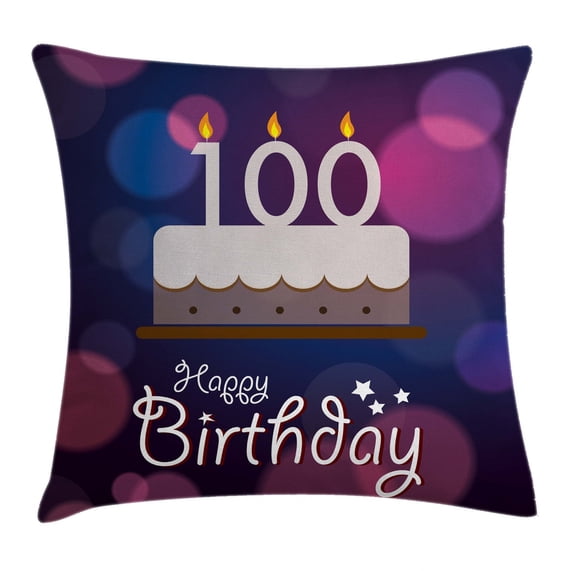 100th Birthday Decorations Throw Pillow Cushion Cover, Cartoon Print Cake and Candles on Abstract Backdrop Image, Decorative Square Accent Pillow Case, 16 X 16 Inches, Purple and Pink, by Ambesonne