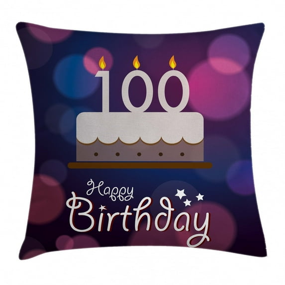 100th Birthday Decorations Throw Pillow Cushion Cover, Cartoon Print Cake and Candles on Abstract Backdrop Image, Decorative Square Accent Pillow Case, 24 X 24 Inches, Purple and Pink, by Ambesonne