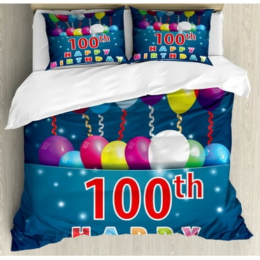 100th Birthday Duvet Cover Set, Colorful Balloons on Star Like Dots 100 Years Birthday Festivity, Decorative 3 Piece Bedding Set with 2 Pillow Shams, King Size, Blue and Dark Blue, by Ambesonne