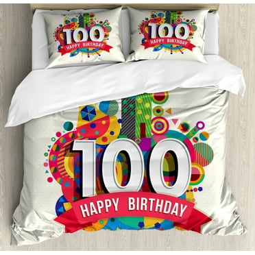 100th Birthday Duvet Cover Set King Size, Geometrical Abstract Digital Print with Shapes Castle Boat Birthday Party, Decorative 3 Piece Bedding Set with 2 Pillow Shams, Multicolor, by Ambesonne