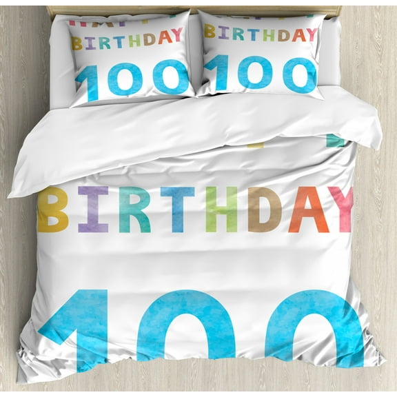 100th Birthday Duvet Cover Set King Size, Very Old Grandparents Birthday Worn Abstract and Vintage Wish Party Image, Decorative 3 Piece Bedding Set with 2 Pillow Shams, Multicolor, by Ambesonne